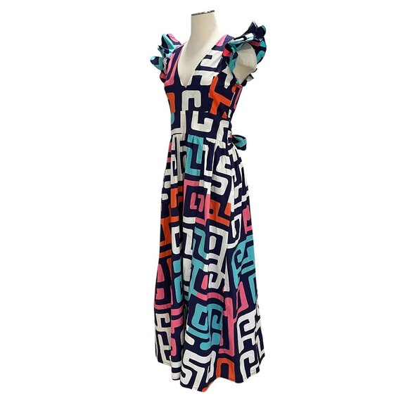 Diyanu Ruffle Sleeve Maxi Dress Geometric Print Bold Summer Statement Cotton - Picture 9 of 14